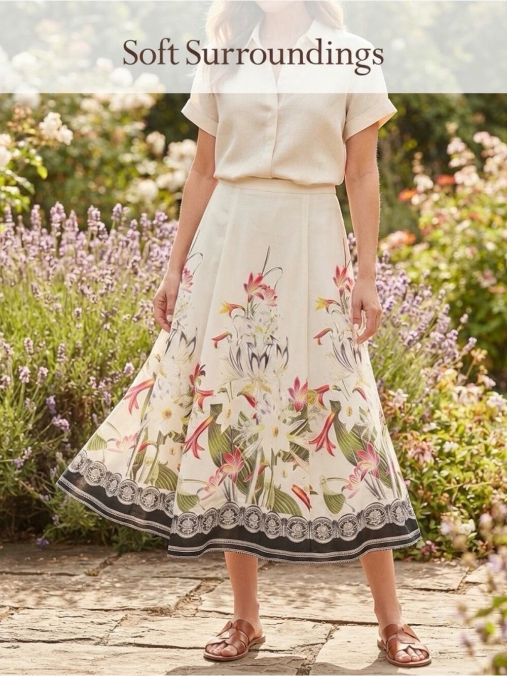 Soft Surroundings Cream Midi Skirt with Floral Border